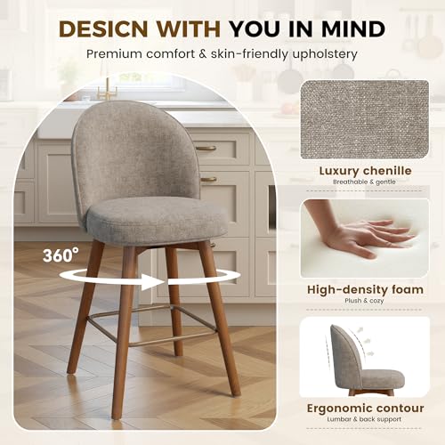 Image of Modern Swivel Bar Stools Set of 3, Chic Upholstered Counter Height(26IN) Bar Chair with Back, Solid Wood Legs and Footrest, Comfortable Chenille Bar Stool for Kitchen Island, Khaki