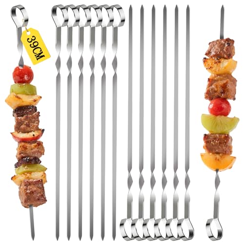 12 Pièces de Brochettes BBQ en Acier Inoxydable, Brochettes BBQ de 39 cm de Long, Réutilisables, pour les Soirées BBQ à l'Extérieur et à l'Intérieur