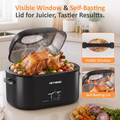 Image of 18Qt Roaster Oven Buffet with Self-Basting Lid, 1450W Stainless Steel Electric Turkey Roaster Oven with Cool-Touch Handles, Removable Pan and Rack, Black