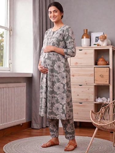 Image of RITIJYA Pure Cotton Feeding Kurta Pant Set for Women | Floral Anarkali Pregnancy Dress with Concealed Nursing Zipper Side Pocket | Pre & Post Partum | Maternity Dresses | Baby Shower Outfit