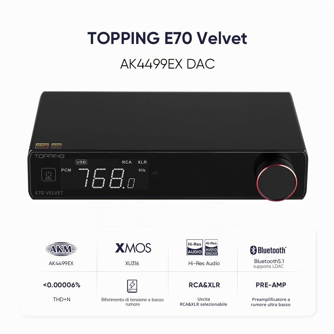 Topping E70 Velvet AK4499EX DAC, XU316 DSD512 PCM768kHz DAC, Ingresso USB/Bluetooth/Opt Toslink/Coax Convertitore D/A, HIFI Audio Preamp DACs (Nero)