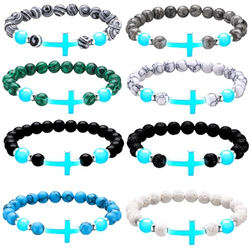 8 Pcs Luminous Cross Bracelet Christian Religion Matching Friendship Bracelet Glow in the Dark Natural Volcanic Stone Wristband Gift for Woman Man Couple Healing Beads Jesus