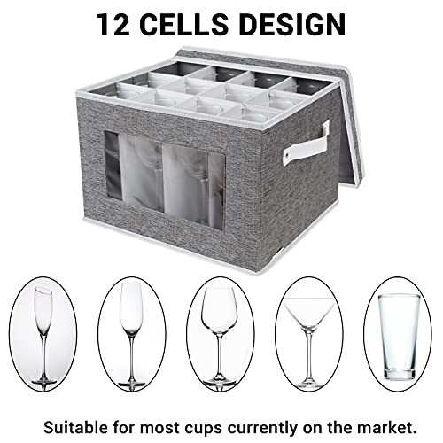 Homyfort Wine Glass Stemware Storage Cases, China Storage Containers Box With Dividers Hard Shell For 12 Crystal Glassware,Goblets,Wine Glasses,Drinkware Packing & Moving (Grey) #TOP6