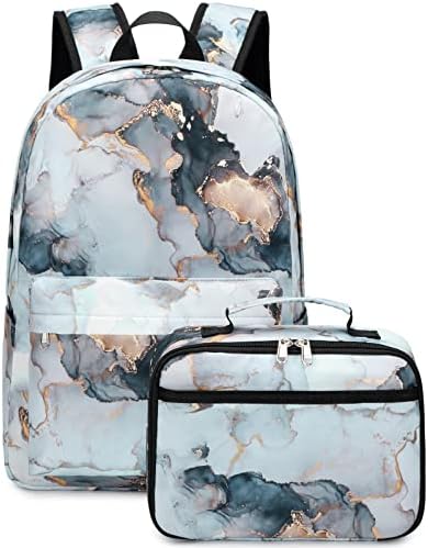 JIANYA Backpack for Teen Girls Boys School Backpack with Lunch Box Marble Kids Book Bag Schoolbag