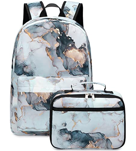 JIANYA Backpack for Girls Marble Girls Backpack with Lunch Box Kids School Bag Travel Back Packs