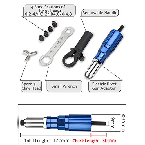 POWLAB Rivet Gun Adapter,Electric Rivet Gun Head,Cordless Riveting Gun Drill Tool Aluminum Alloy Adapter Accessories,3 Claw Head,Removable Plastic Handle,100 Blind Rivets