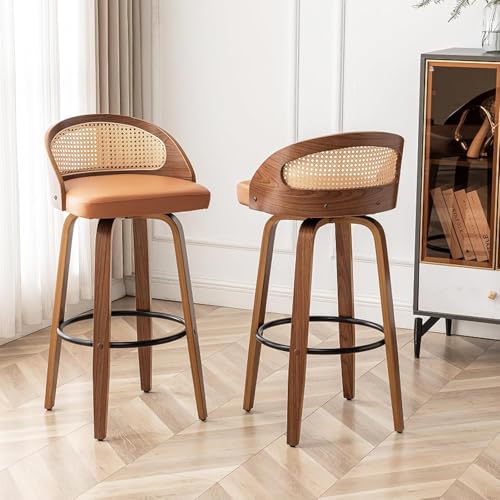 Image of 30 inch Swivel Rattan Bar Stools Set of 3 Mid-Century Modern Faux Leather Upholstered Bar Height Stools Kitchen Island Barstool with Rattan Low Backrest,Walnut Wood Finish Bar Chairs,Orange PU