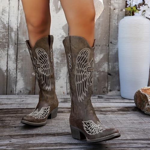 Image of Women's Western Cowboy Boots - Black Gothic Cross & Angel Wing Embroidered Mid Calf Boots, Y2K Vintage Pointed Toe Biker Cowgirl Boots for Concert Festival