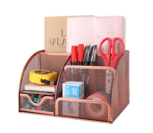 PAG Office Supplies Mesh Desk Organizer Pen Holder Accessories Storage Caddy with Drawer, 7 Compartments, Rose Gold