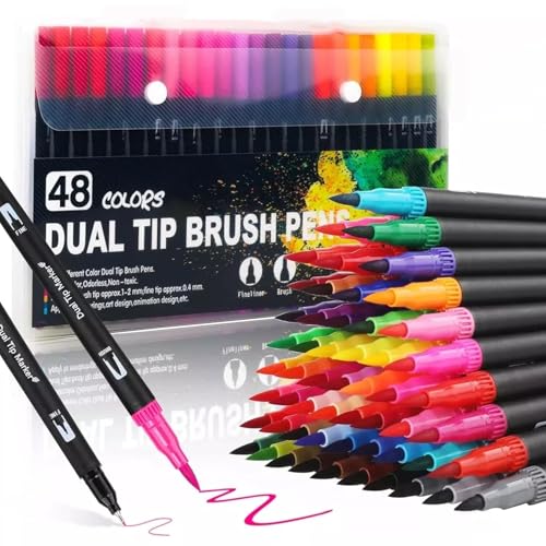 Image of 48 Colors Dual Tip Brush Pens Set - Fine & Brush Tip Sketch Markers for Coloring, Calligraphy, Drawing, Bullet Journal, Doodling & Art Supplies for Kids & Adults