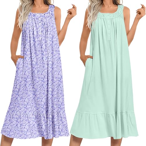 Image of Ekouaer 2 Pack Nightgowns for Women Sleeveless Long Night Gowns Victorian Nightdress with Pockets Soft Ladies Gown