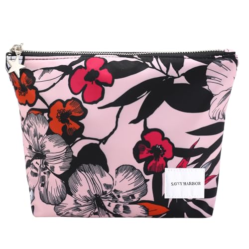 Savvy Harbor Makeup Bag Zipper Pouch Travel Cosmetic Organizer, Elegant Roomy Cosmetic Bag, Women Makeup Organizer and Travel Toiletry Bag for Gift (Pink Floral)