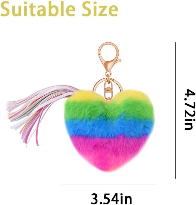 Rainbow Faux Fur Keychain for Purse Charms for Handbags Colorful Heart Shaped Plush Keychain for Bag Charms for Tote Bags Cute Rainbow Fluffy Key Chain for Car Keys Backpack Accessories for Women - Image 2