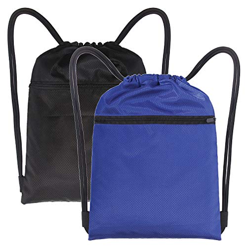 DIOMMELL Set of 2 Drawstring Strings Bags with Pockets Sports Athletic Travel Gym Cinch Sack Lightweight Backpack for Men Women