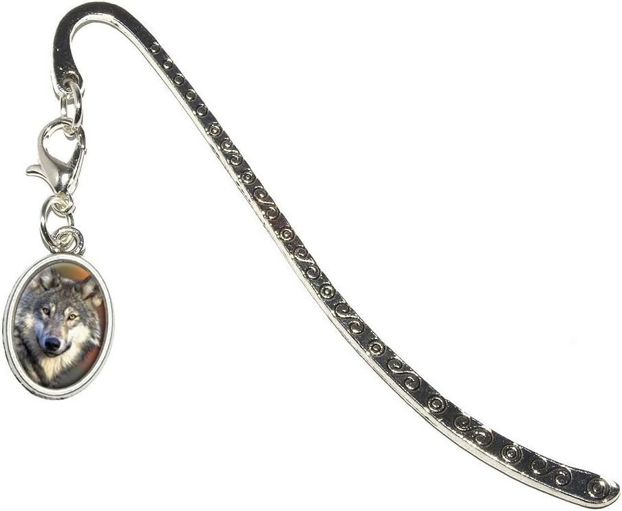 Gray Wolf with Fall Background Metal Bookmark Page Marker with Oval Charm
