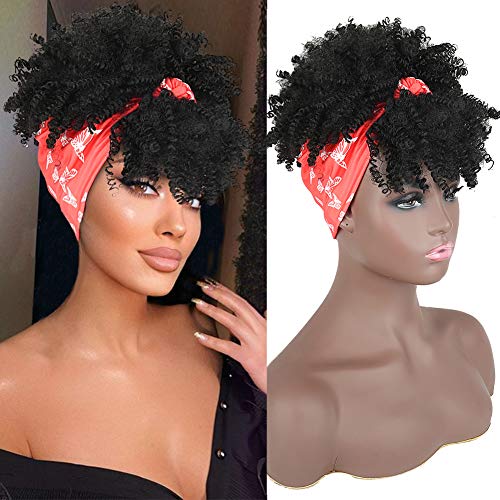 YiTi Hair High Afro Puff Headwrap Drawstring Ponytail with Bangs Kinky Curly Pony Tail Synthetic Bun Wrap-wig 2 in 1 Updo Head-Wrap Hairpieces Puff Ponytail Hair Extensions for Women(BLACK)