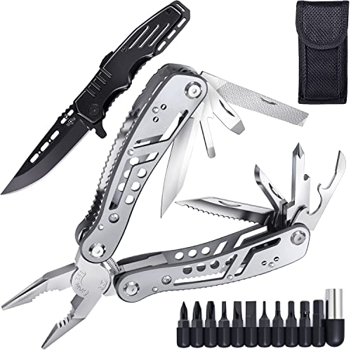 Grand Way Bundle Of 2 Items - Spring Assisted Knife - Pocket Folding Knife - Military Style- Utility Multi Function Gear For Men Best Multi- Tool Kit For Work Edc Camping Backpacking #TOP17