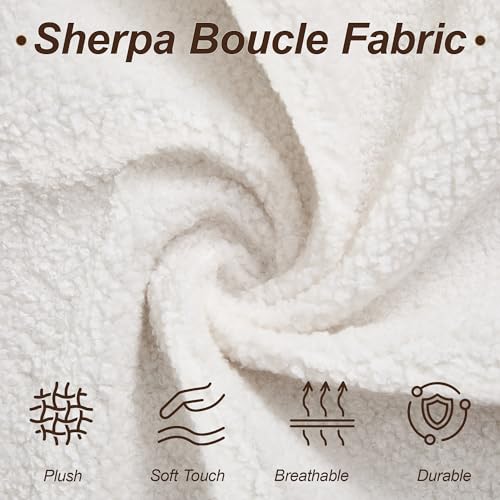 Image of WUTUTUEE 28.7 inch Sherpa Boucle Ottoman with Solid Wood Legs, Modern Upholstered Footstool, Comfy Ottoman for Living Room, Bedroom, White