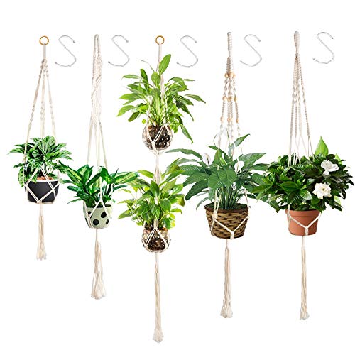 Ninonly 5 Piezas Colgador para Plantas Macramé Planta Percha Maceta Colgantes para Plantas Maceta Cuerda de Algodón Titular con 5 Ganchos Macetas de Planta Suspensión para Interior Jardín Hogar Decor