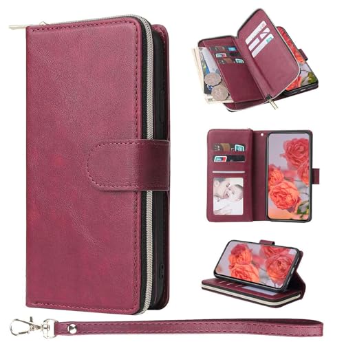 Étui pour Samsung Galaxy S25 avec portefeuille rouge et poche zippée pratique