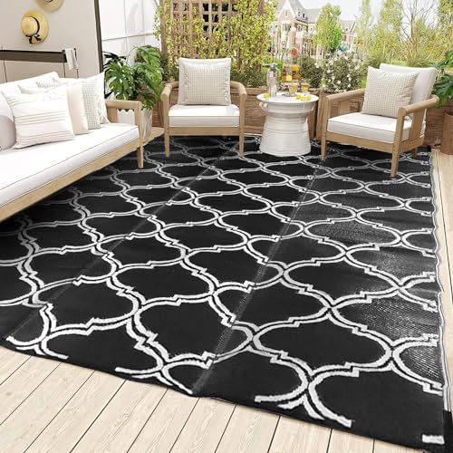 RUN.SE RUN.SE Outdoor Rug 9×12 ft Waterproof Patio Mat, Reversible Outside Mats Outdoor Carpet RV Camping Rugs Plastic Straw Rug Outdoor Area Rug for(Black and White line)