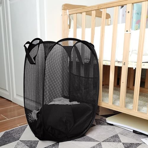 Image of Larpur 3 Pack Pop Up Laundry Hampers, Collapsible Mesh Laundry Baskets, Portable Foldable Clothes Hampers for Dorm, Home, Bedroom, Bathroom, RV Cruise, Black