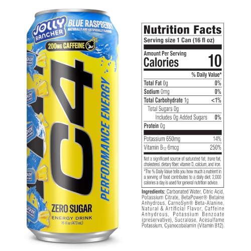 Image of C4 Performance Energy Drink, Jolly Rancher Blue Raspberry, Zero Sugar Carbonated Preworkout Energy, 200mg Caffeine with Beta Alanine, 16 Fl Oz (12 Pack)