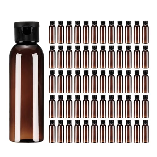 uxcell 2 Oz Plastic Bottles with Flip Caps, 200 Pcs Reusable Travel Size Containers with Lids Plastic Squeeze Refillable Dispensing Bottles for Shampoo, Body Soap, Toner(Brown Black)
