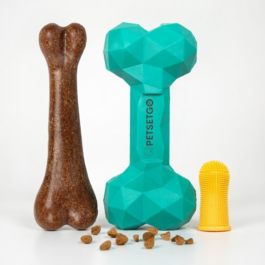 Tenone 2 PACK Dog Chew Toys – Beef Infused Nylon & Natural Rubber Chew Set with Finger Toothbrush, Chew & Enrichment Pack for Small, Medium and Large Dogs