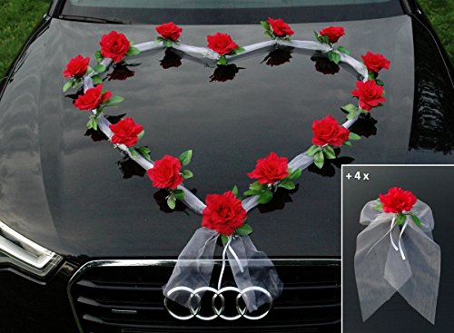 Décoration de voiture en organza en forme de cœur avec des roses - Décoration de mariage et pour voiture de mariés - Décoration guirlande pour voiture rouge/blanc