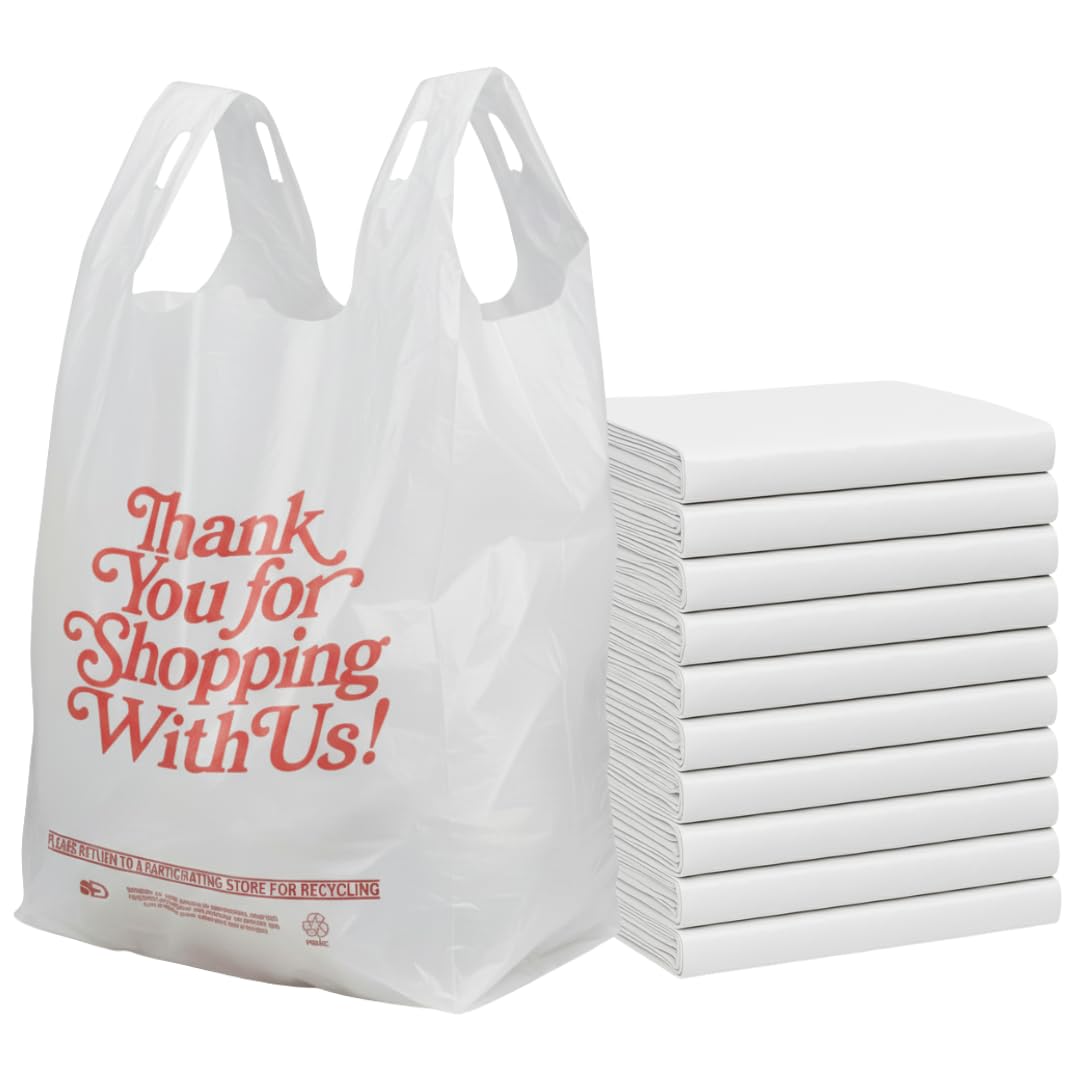 ASSUREPAK Easy Open - White 'Thank You' HDPE T-Shirt Bags - 1/5 BBL 13"X8"X23" - 17 Microns – 500 Units – Thank You Shopping Bags for Retail, Takeout,