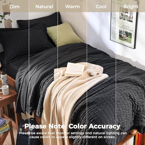 Image of HYMOKEGE Black Twin Comforter Set Seersucker 5 Pieces, All Season Luxury Bed in a Bag for Bedroom, Bedding Set with Comforters, Sheets, Pillowcase & Sham