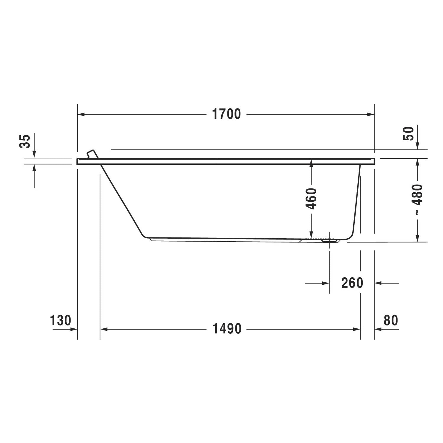 Duravit Baignoire Starck rectangulaire 170x75cm, un fond incliné, 700335, à encastrer, 700335000000000