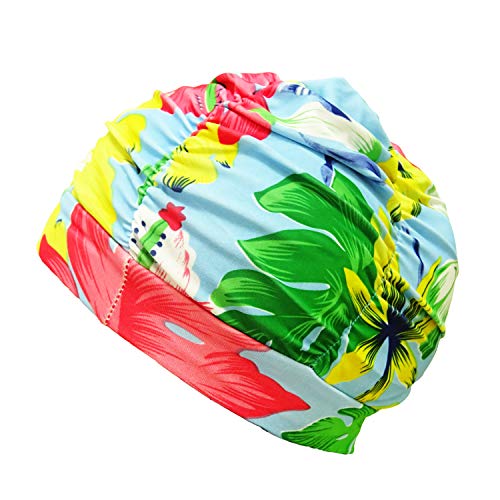 HONBAY Pleated Swimming Cap Long Hair Swim Cap Lycra Bathing Cap, Non-Waterproof (Monstera)