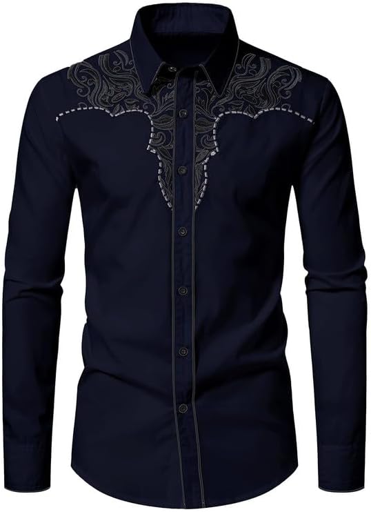 Mens Western Cowboy Shirt with Embroidery, Long Sleeve Button-Down