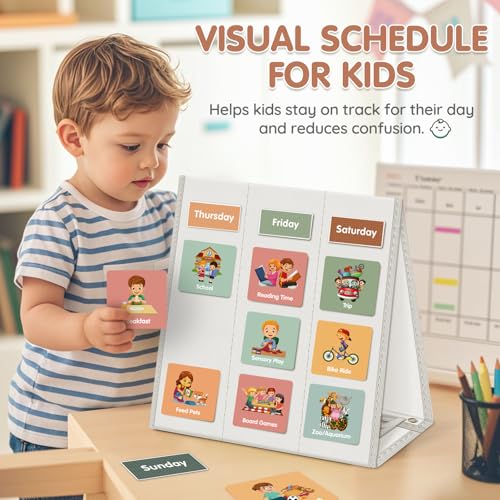 Image of Large Visual Schedule for Kids Chore Reward Chart,Bedtime Routine Chart for Toddlers,Double Side Schedule Board with 109 Cards for Home School Planner,Autism Learning Materials (White)