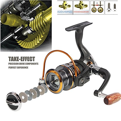 Sougayilang Spinning Fishing Reels with Left/Right Interchangeable Collapsible Wood Handle Powerful Metal Body 5.2:1/5.1:1 Gear Ratio Smooth 11BB for Inshore Boat Rock Freshwater Saltwater Fishing
