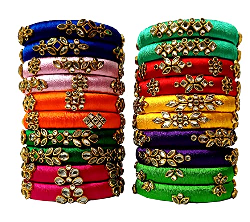 Image of Blue jays hub Silk Thread Bangles New kundan Style Multi color Set Of 20 for Women /Girls