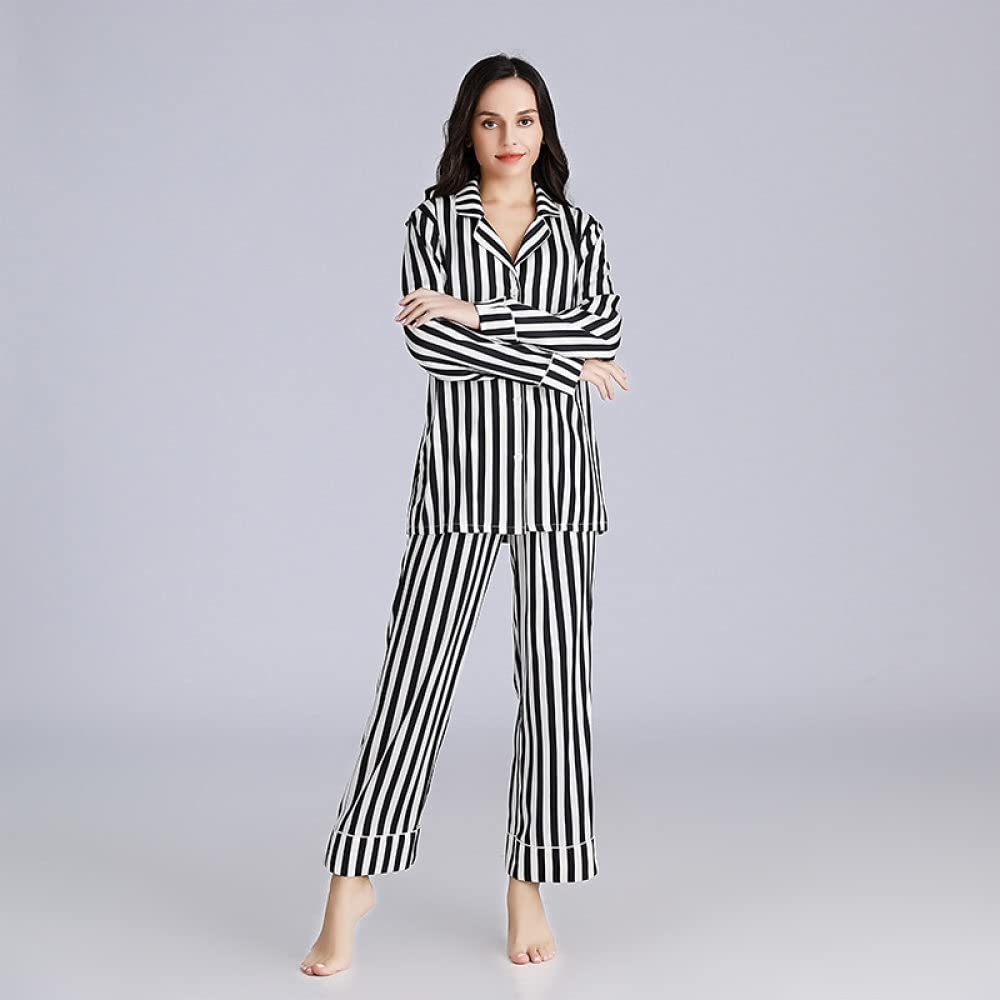 Pigiama da Donna in Seta Set Pigiama A Righe Bianche Nere Pigiama da Notte A Maniche Lunghe Abbottonato Pigiama da Donna in Raso di Seta Pigiama da Notte