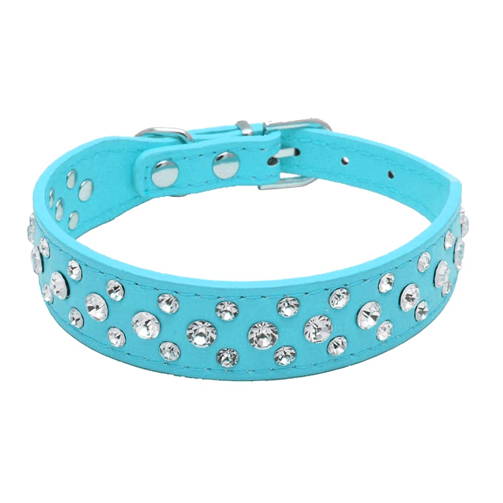 Haoyueer Bling Rhinestone PU Leather Crystal Diamond Pet Dog Cat Puppy Collar Black S M L XL (S, Light Blue)