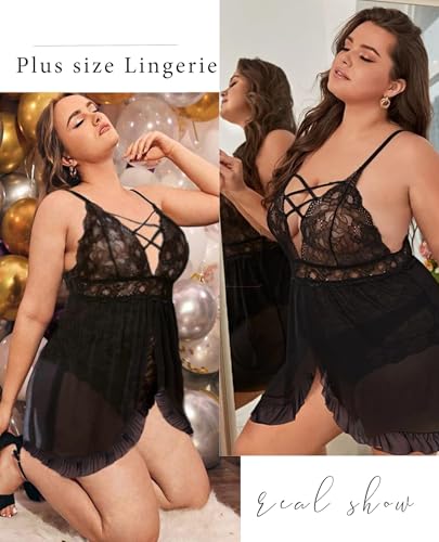 Image of SSoShHub Women's Plus Size Lingerie Beautiful Babydoll Snap Crotch Lace Chemise Ruffles Nightwear Bodysuit with Babydoll