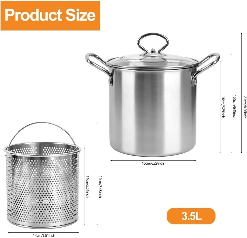 Miniatura 3 de Olla de freidora profunda de 3.5L con escurridor de aceite, olla de acero inoxidable con tapa y cesta, olla redonda para cocina, restaurante,