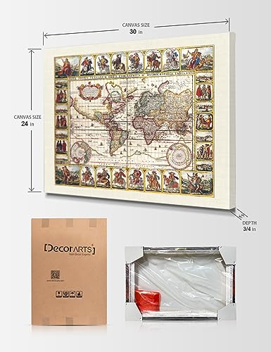 Image of DECORARTS - Large Vintage 1652 World Map Canvas Wall Art by Claes Janszoon Visscher, Antique Historical Map for Wall Decor, Hand-Stretched Giclee Print, Handcrafted in USA, 30x24''