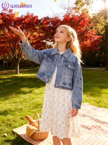 Image of WELAKEN Print Denim Jacket for Girls & Kids II Little Girl's Button Down Crop Jean Jacket Coat