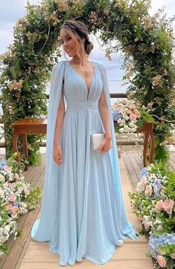Chiffon Bridesmaid Dresses for Women Long Pleated Cape Sleeves V Neck Formal Evening Dress A Line Ball Gown CN012