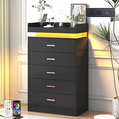 Image of jiteentarou 5 Drawer Dresser with Charging Station and LED Lights, Modern Chest of Drawers with Power Outlet, Organizer Cabinet for Bedroom, Living Room, Entryway, Black