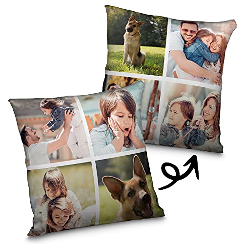 Cojín Personalizado Fotos. Cojin Personalizado con Foto. Regalos Día del Padre / Madre. Impresión Total por Las 2 Caras hasta la Costura. Opción con Relleno. Hasta 8 Imágenes. Varios Tamaños. 4 Fotos
