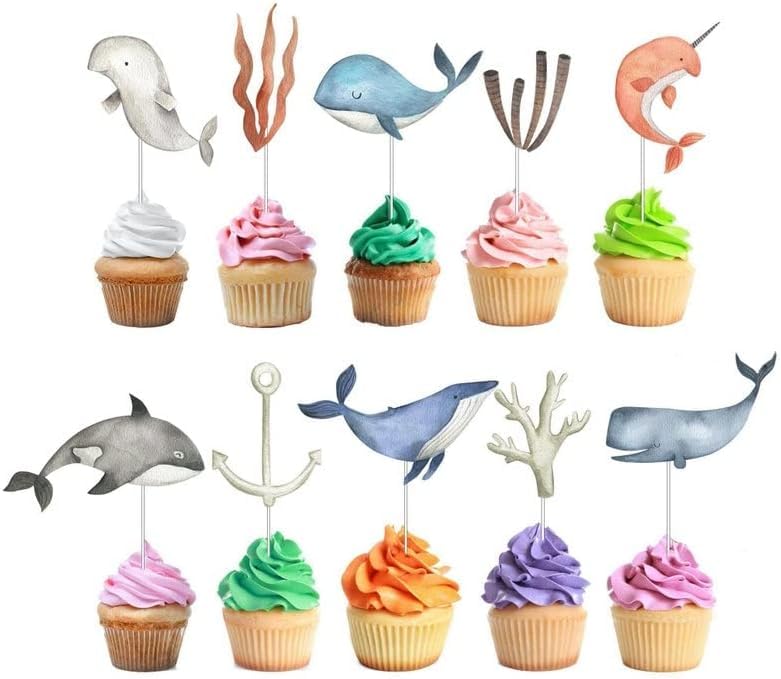 Ocean-Inspired Whales 10 Pcs Cupcake Toppers - Enhance Your Baked Creations!