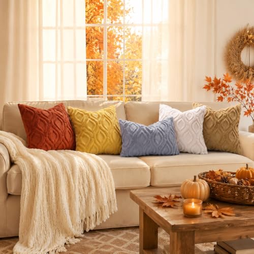 Image of decorUhome Fall Throw Pillow Covers 20x20 Inch Set of 2, Soft Plush Faux Wool Mustard Yellow Solid Couch Pillow Covers, Accent Farmhouse Neutral Square Pillow Cases for Sofa Bed Living Room