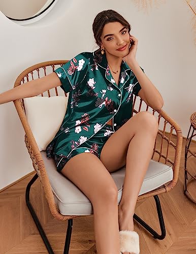 Ekouaer Womens Silk Satin Pajama Sets Soft Short Sleeve Button Down Sleepwear Top and Shorts 2 Piece Pjs Lounge Set S-XXL2